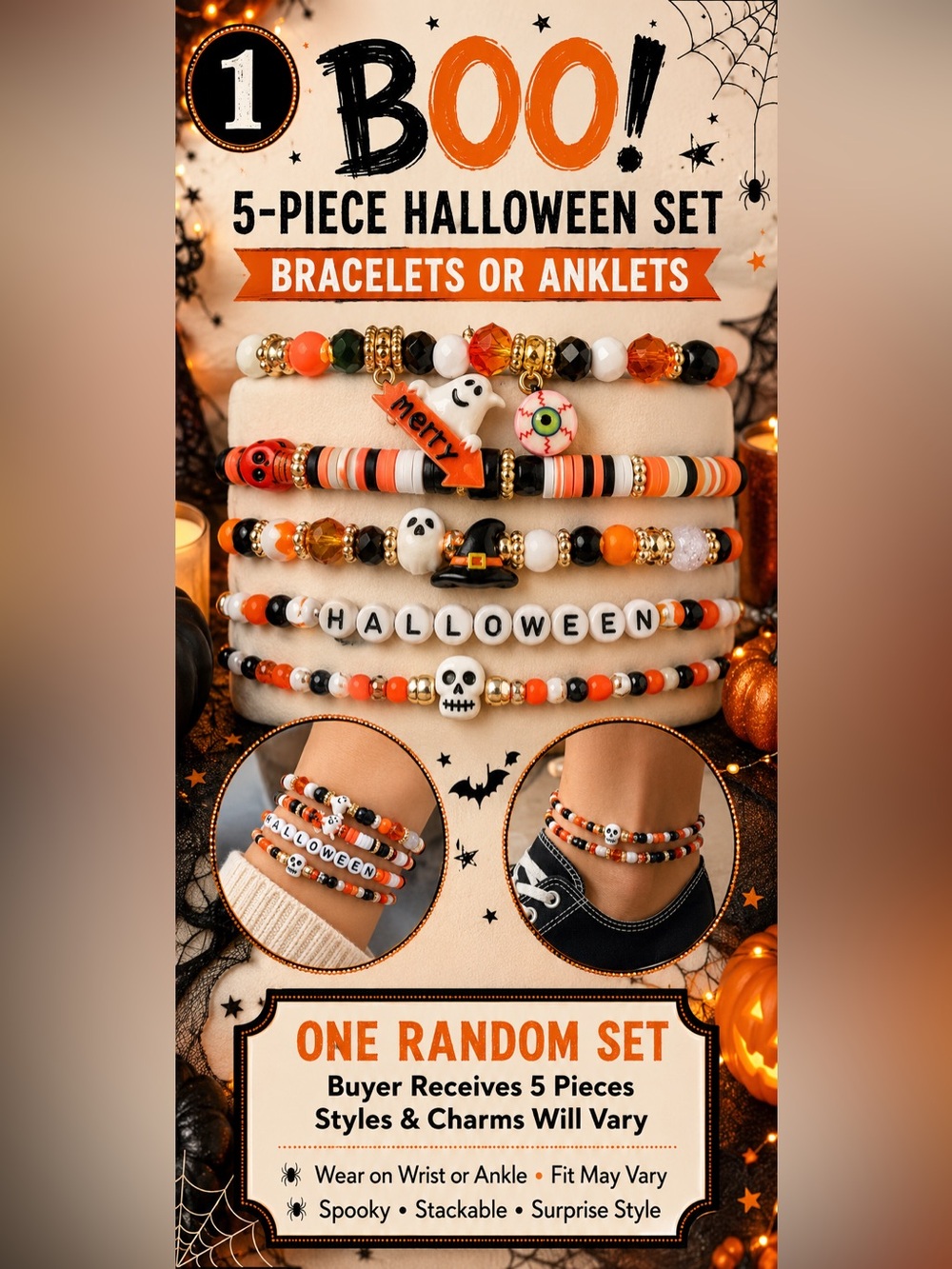 Halloween Beaded Bracelet Set - Orange Black White